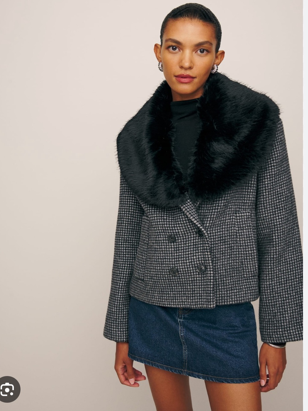 Reformation Scarlet Houndstooth Jacket with removable Black Faux Fur Collar